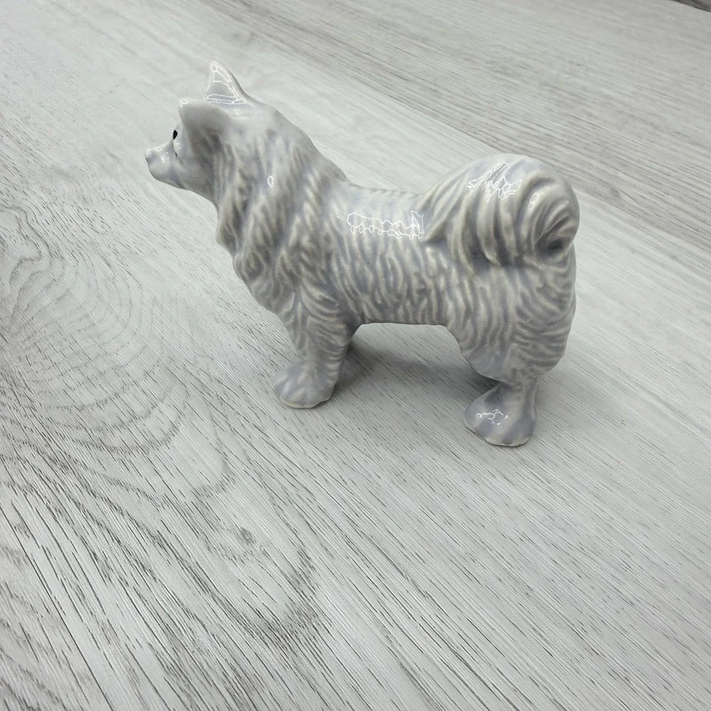 Porcelain Dog Figurine Husky Samoyed Standing White Gray Vintage Cottagecore 3in